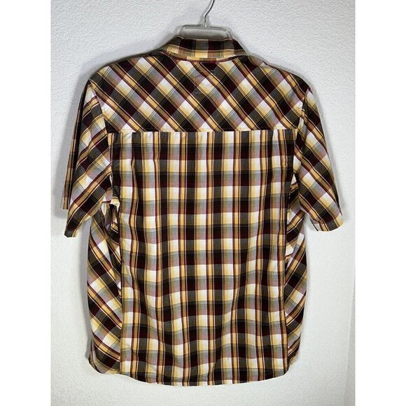 PrAna Shirt Mens Small Pearl Snap Plaid Short Sleeve Brown Yellow Maroon Casual - Picture 4 of 12